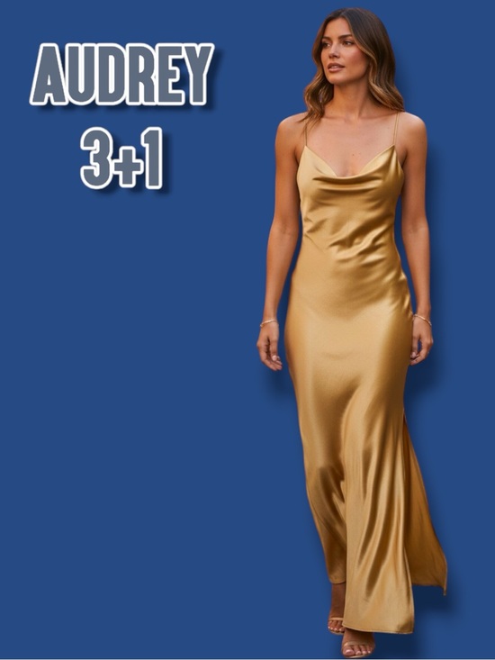 Audrey 3+1 Dresses & Skirts - 👗 Audrey 3Plus1 Satin Style Cowl Neck Strappy Maxi Dress in Gold. Size Small